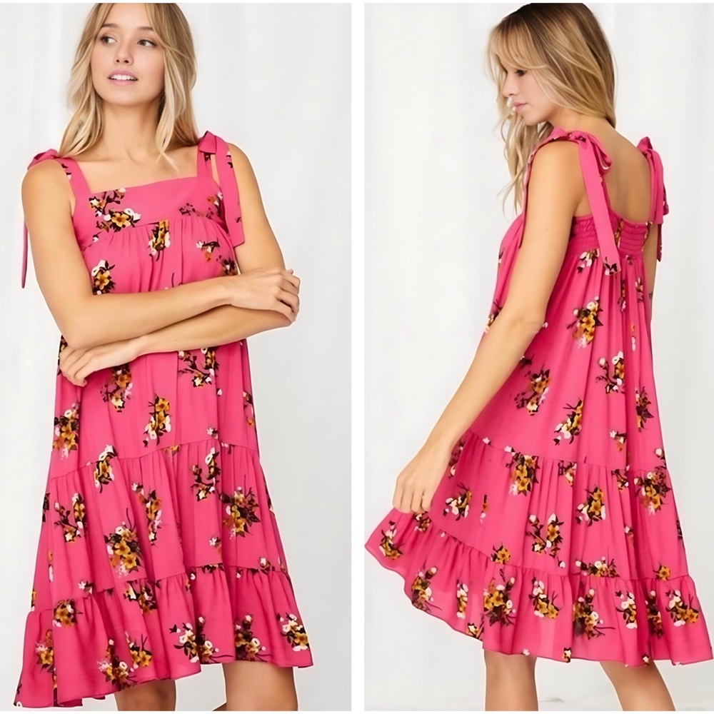 New! CES FEMME Boho Ruffle Tiered Self Tie Pink Tank Dress!